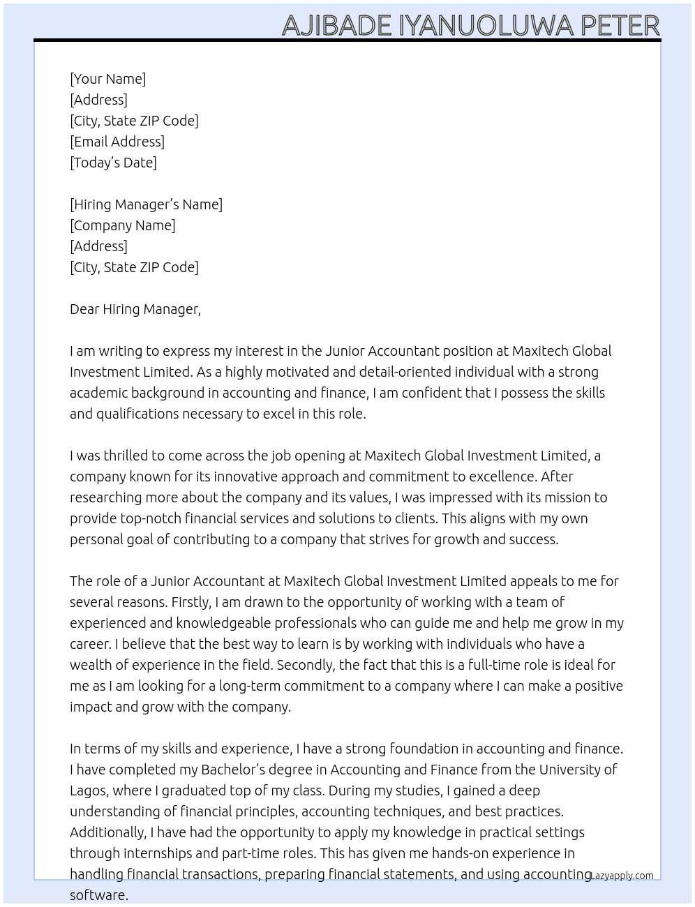 Junior Accountant At Maxitech Global Investment Limited Cover Letter