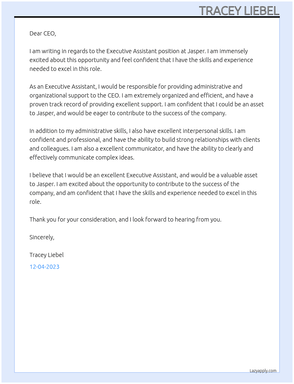 Executive Assistant At Jasper Cover Letter