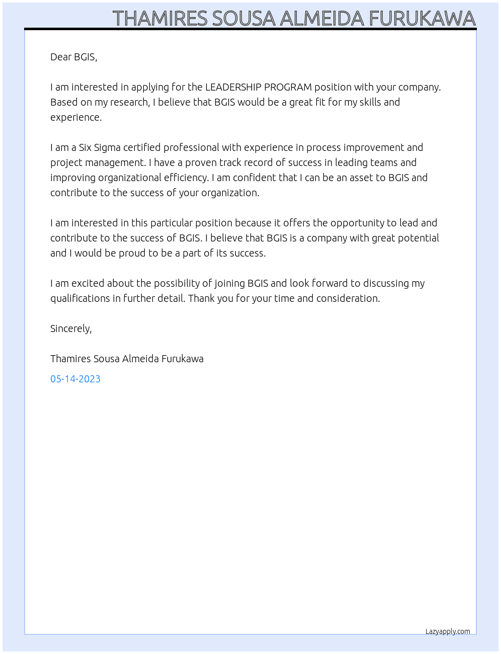 LEADERSHIP PROGRAM At BGIS Cover Letter