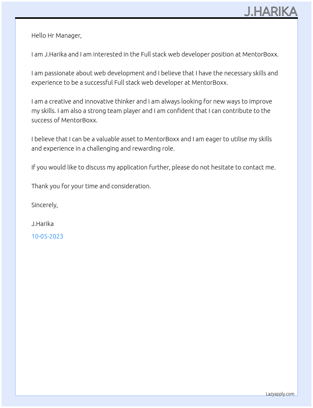 Full stack web developer  At MentorBoxx Cover Letter