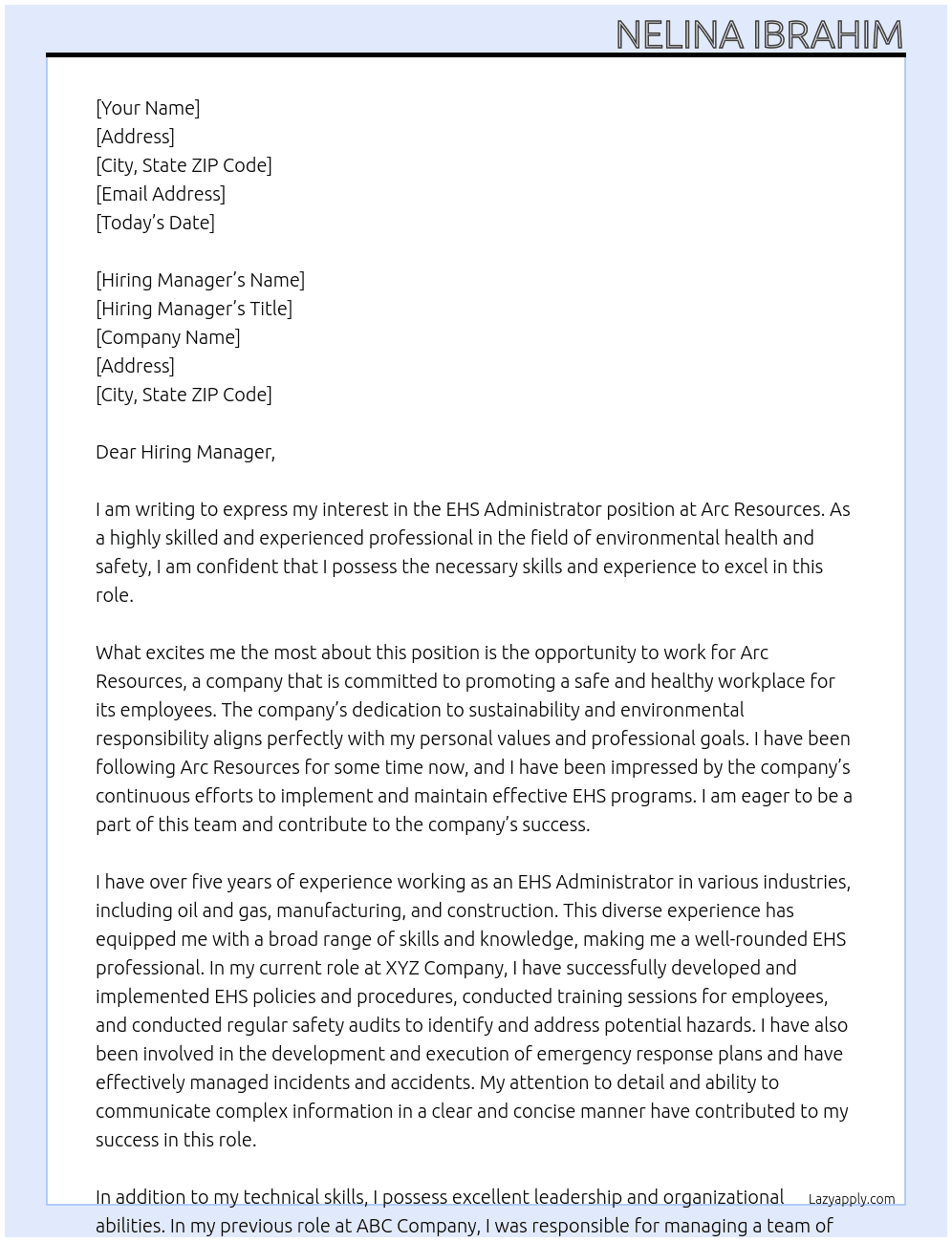 EHS Administrator At Arc Respources Cover Letter