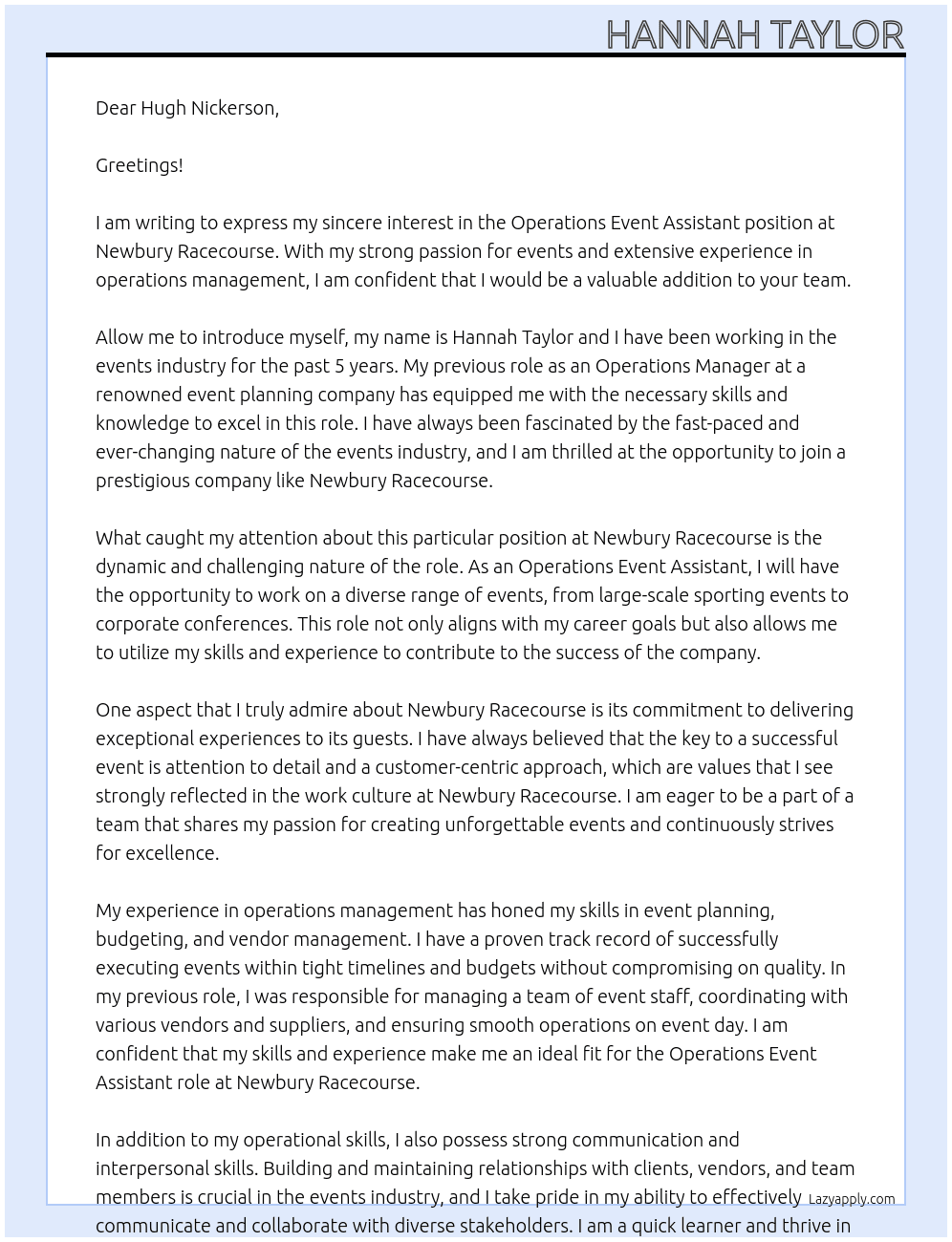 Operations Event Assistant At Newbury Racecourse Cover Letter