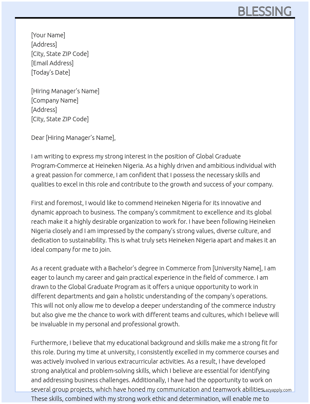 Global graduate program -Commerce At Heineken Nigeria  Cover Letter