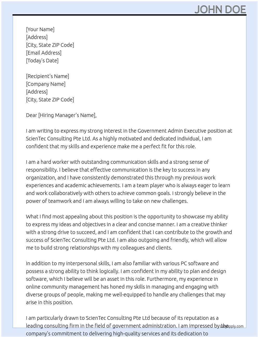 Govt Admin Executive [Entry Level/ 5 days/Bedok] - SPAL At ScienTec Consulting Pte Ltd  Cover Letter