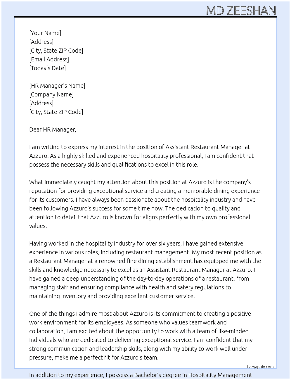 Assistant Restaurant Manager At Azzuro Cover Letter
