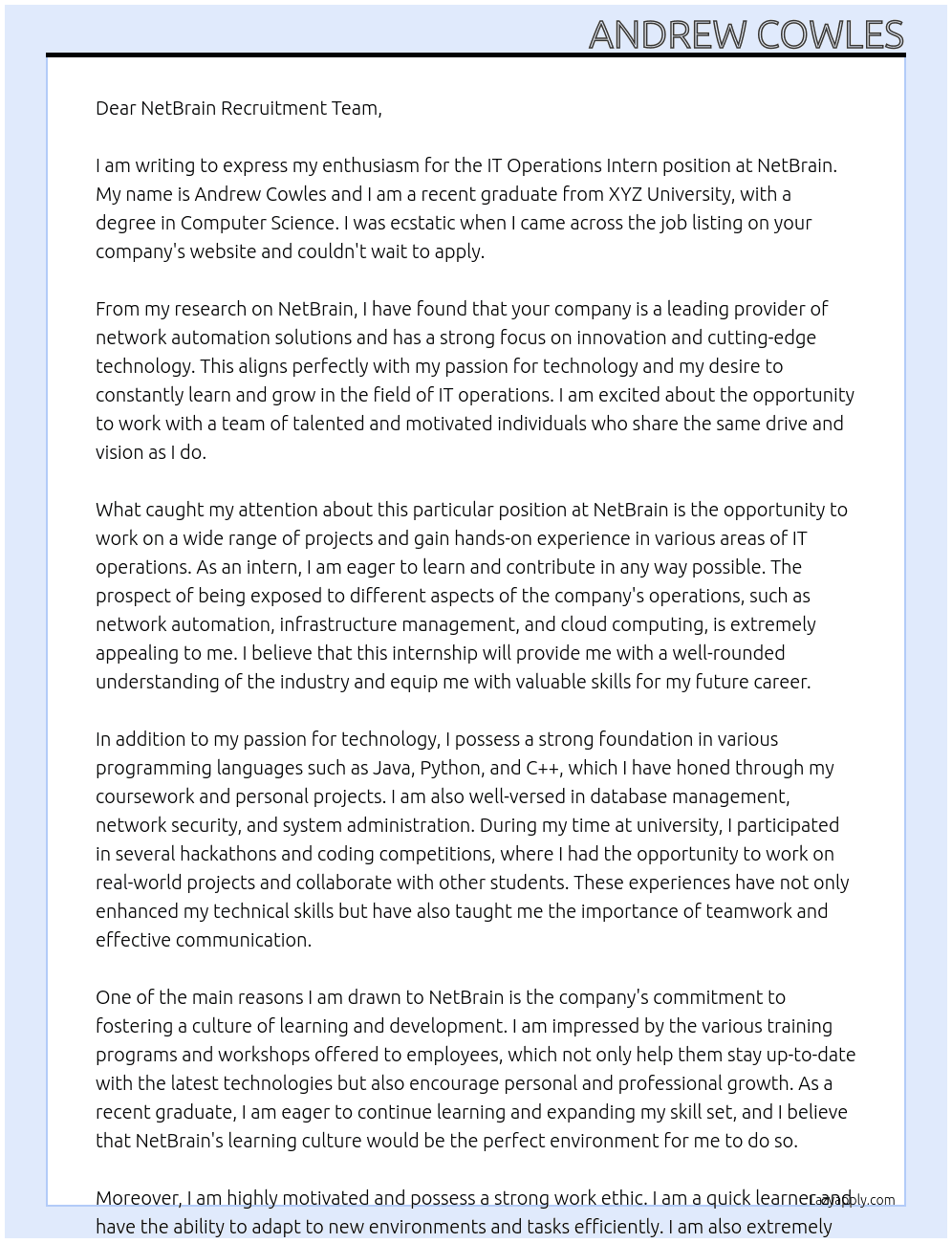 IT operations intern At NetBrain Cover Letter