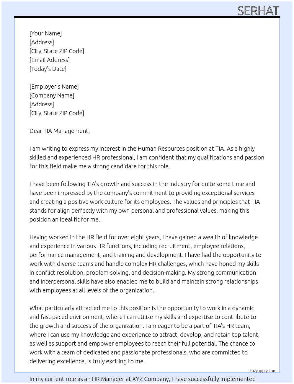 human resources At TIA Cover Letter