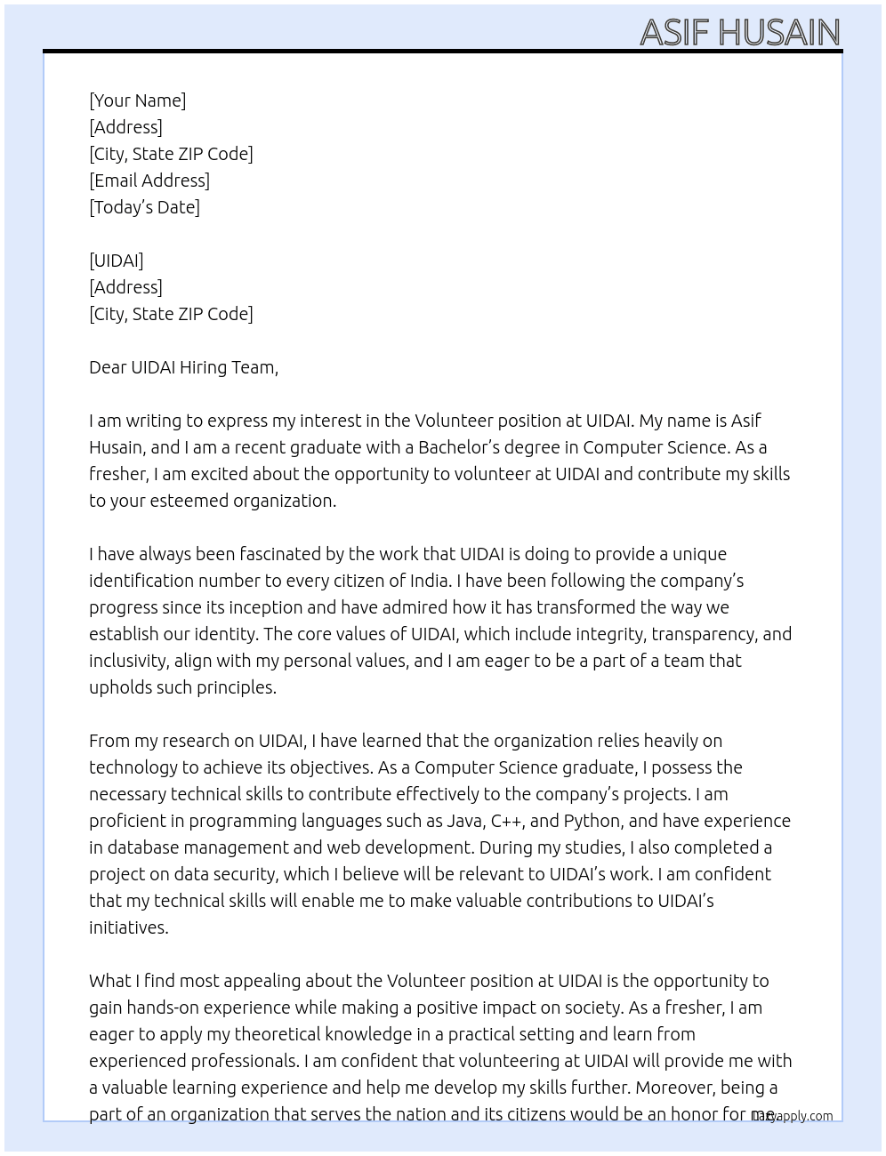 Volunteer - UIDAI At UIDAI Cover Letter