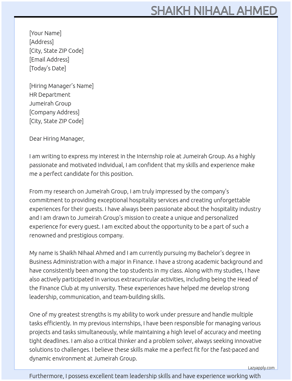 Inter At Jumeirah Group Cover Letter