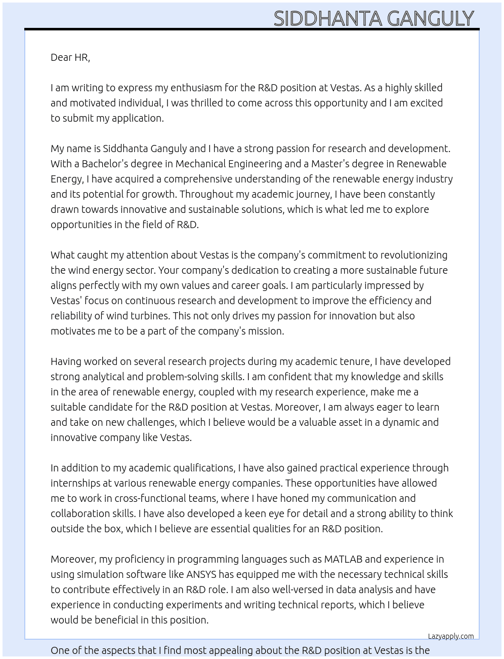 R&D At Vestas Cover Letter