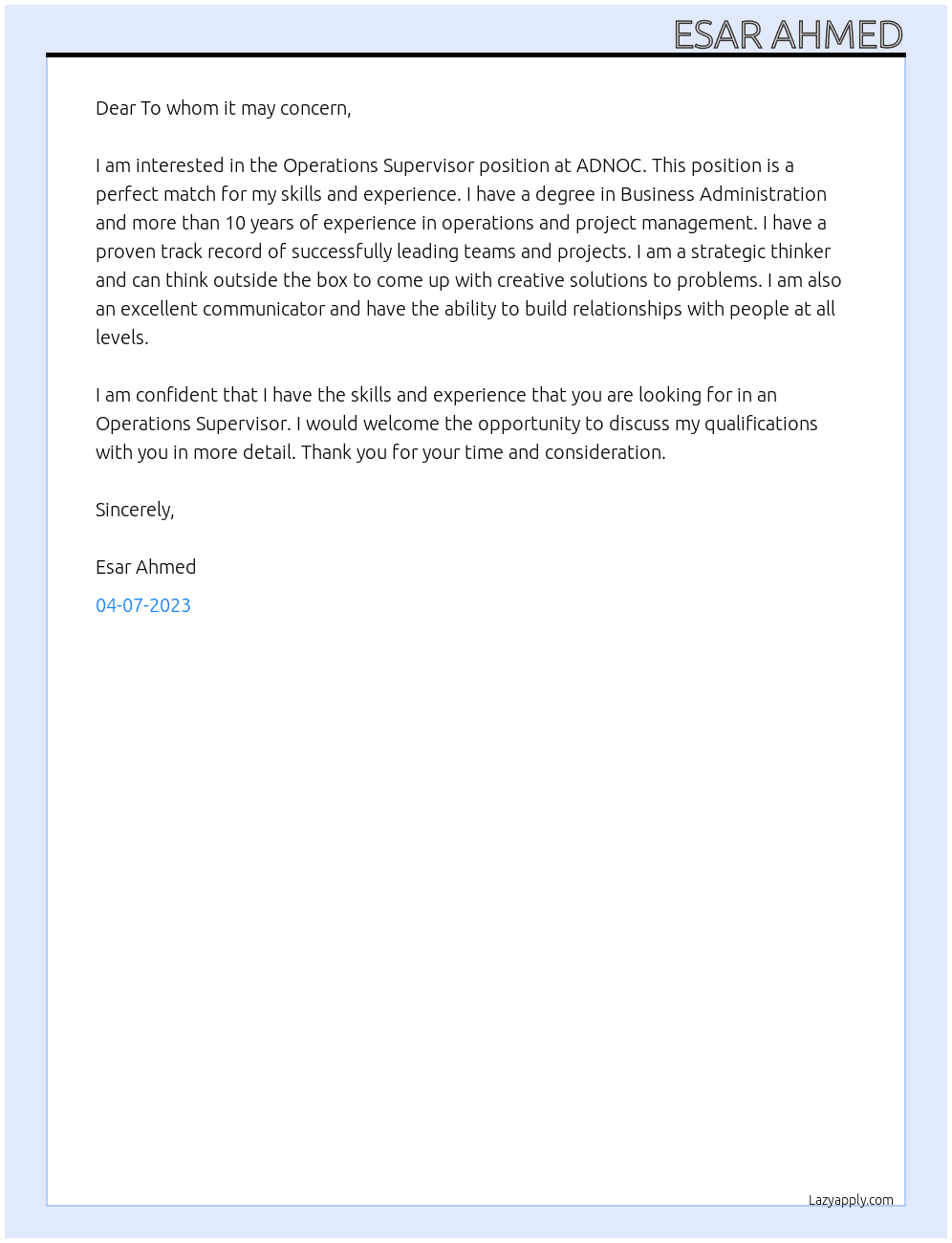 Operation Supervisor At ADNOC Cover Letter