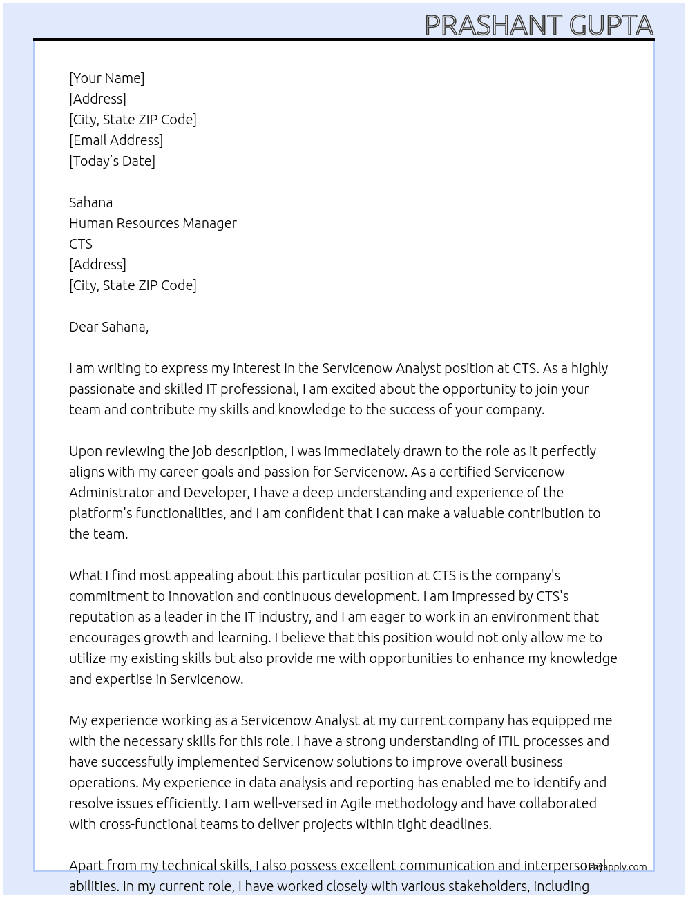 Servicenow Analyst At CTS Cover Letter