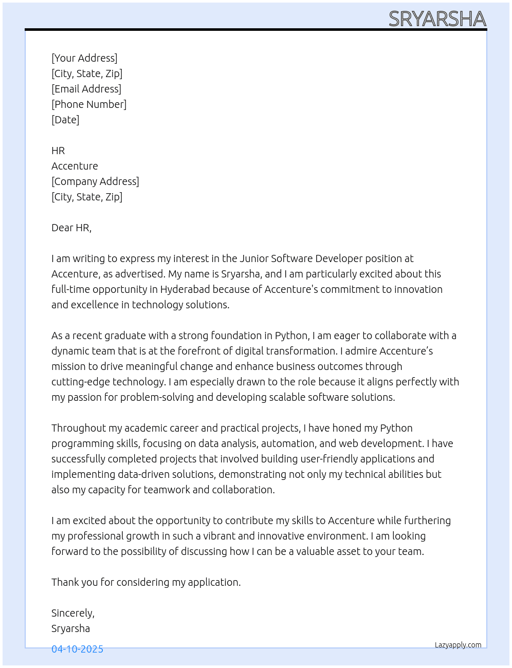 junior software developer At accenture Cover Letter