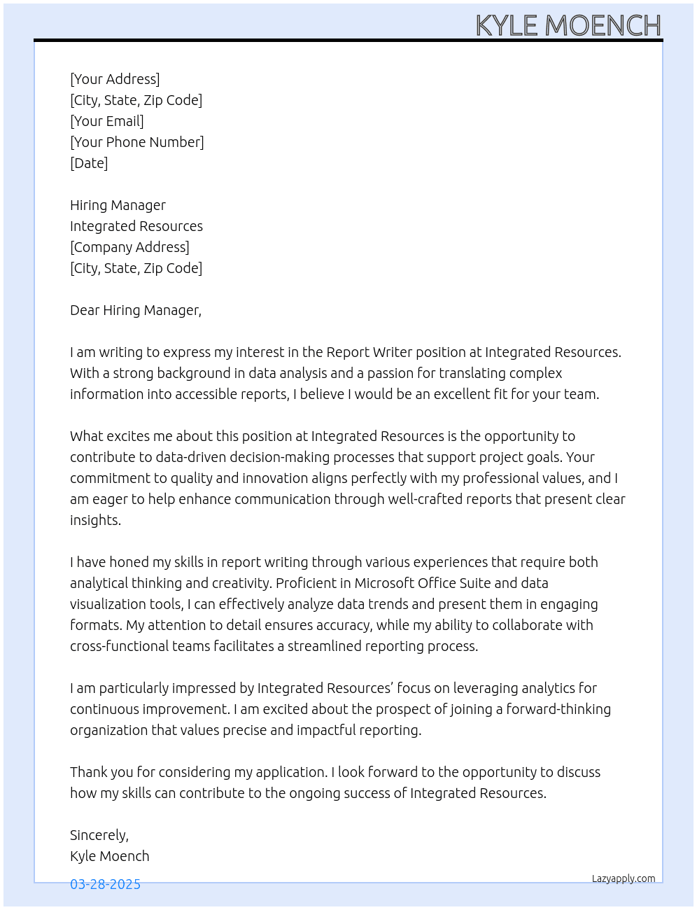 Report l Writer At Integrated Resources Cover Letter