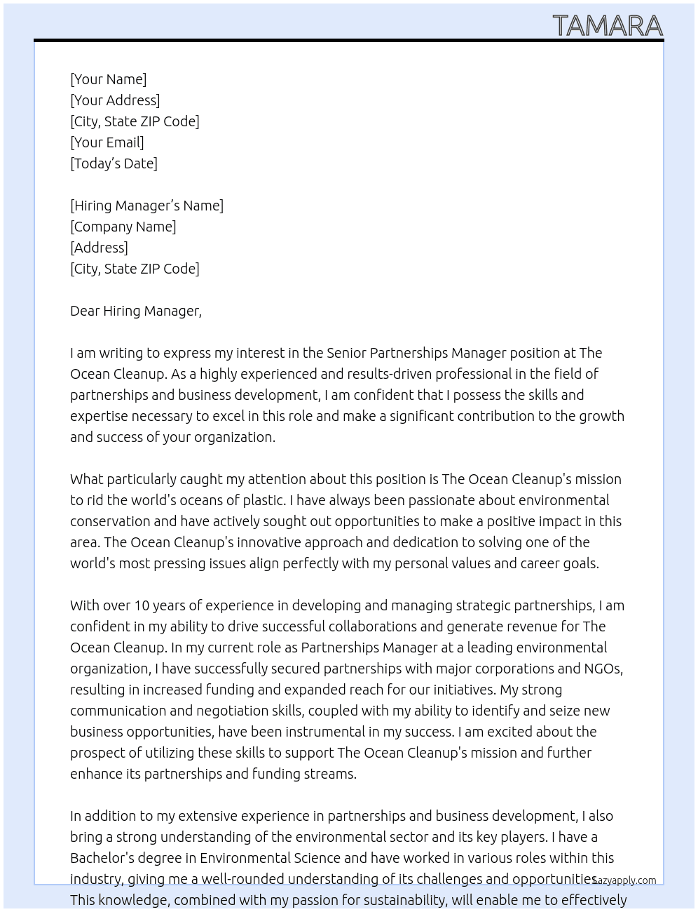 Senior Partnerships Manager At The Ocean Cleanup Cover Letter