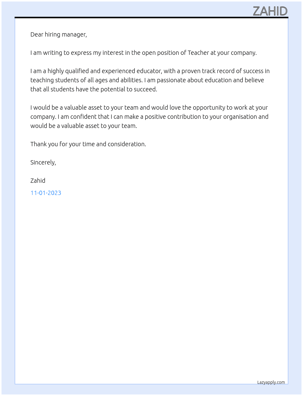 Teacher At Not Cover Letter