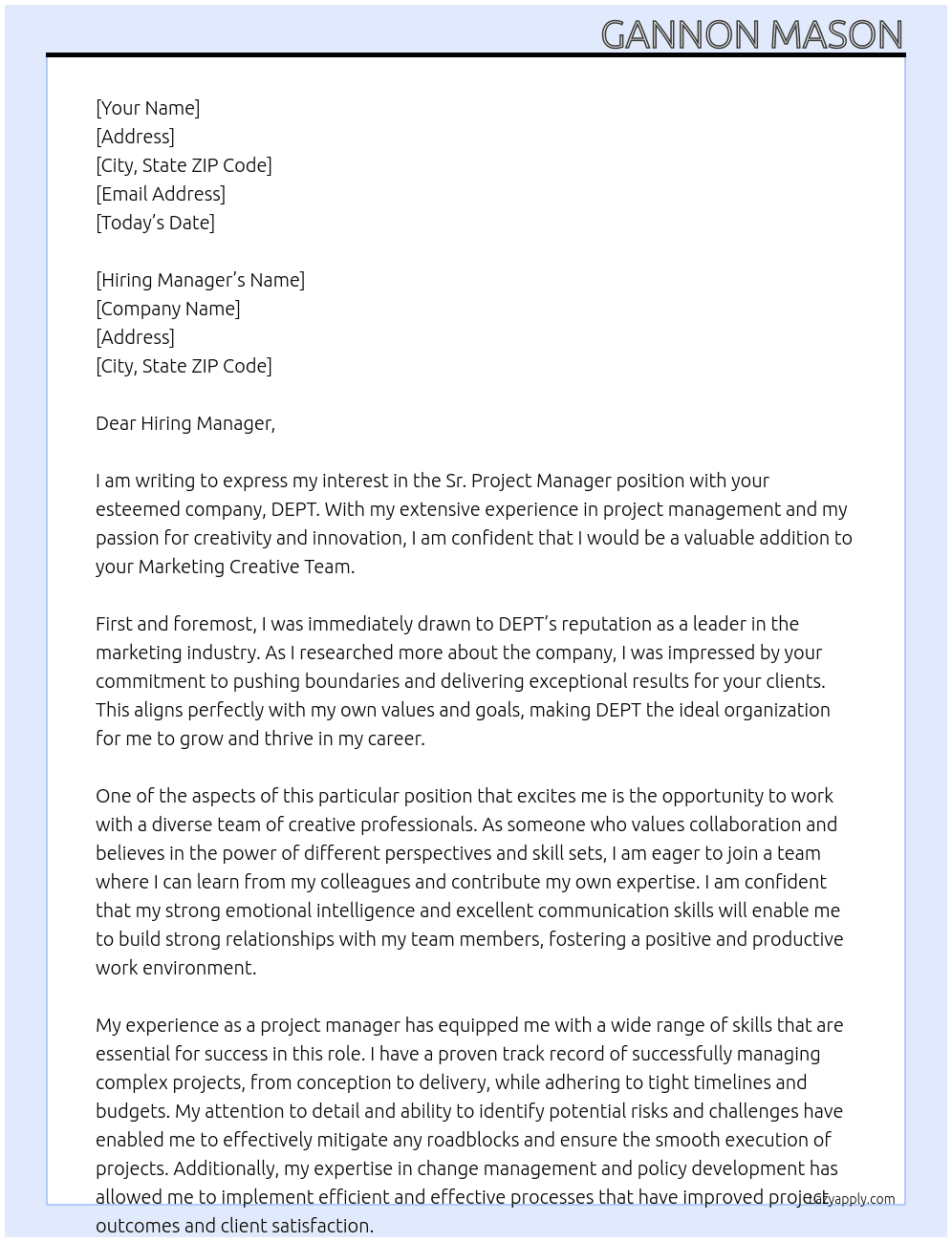 Sr. Project Manager | Marketing Creative Team At DEPT Cover Letter