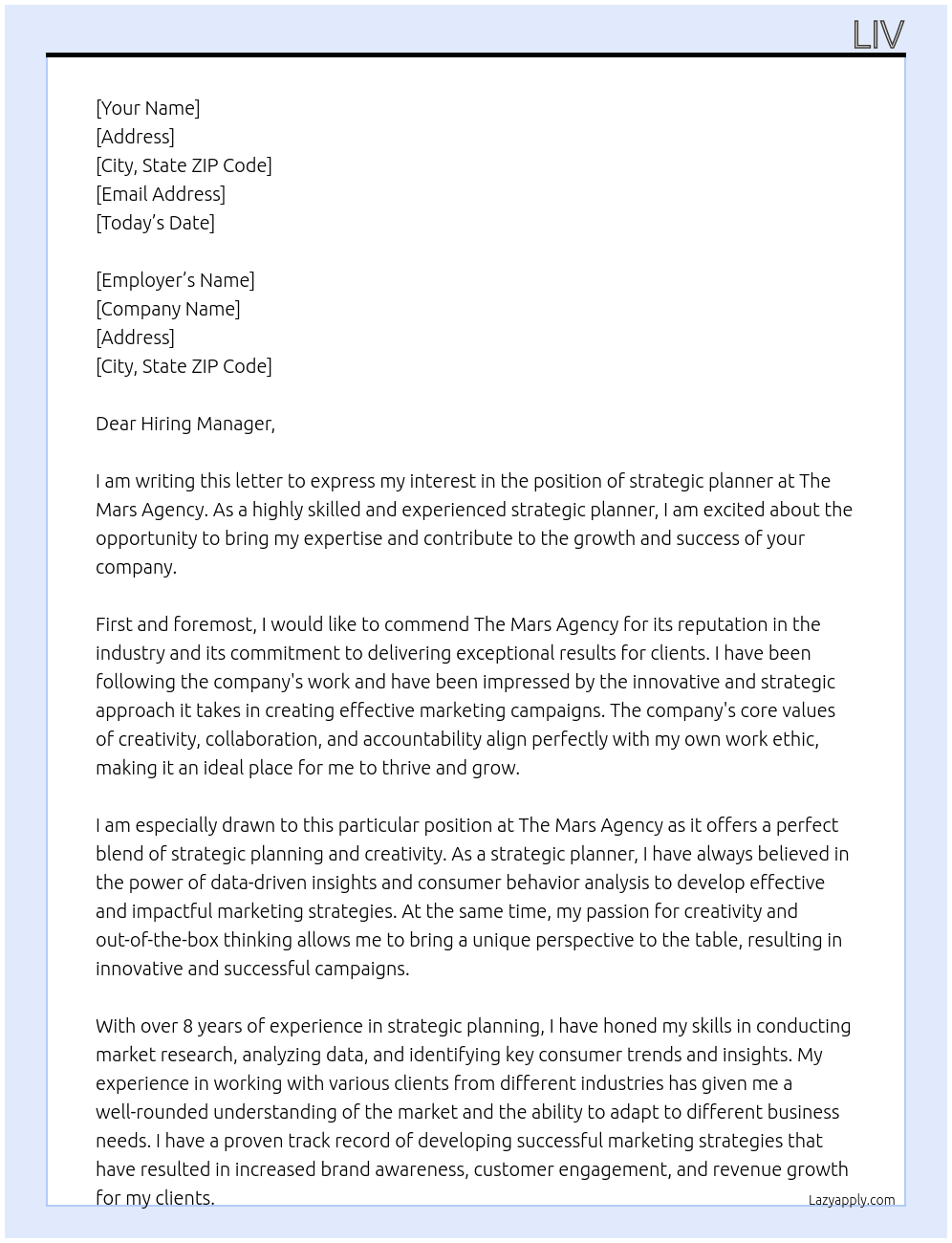 strategic planner At the mars agency Cover Letter
