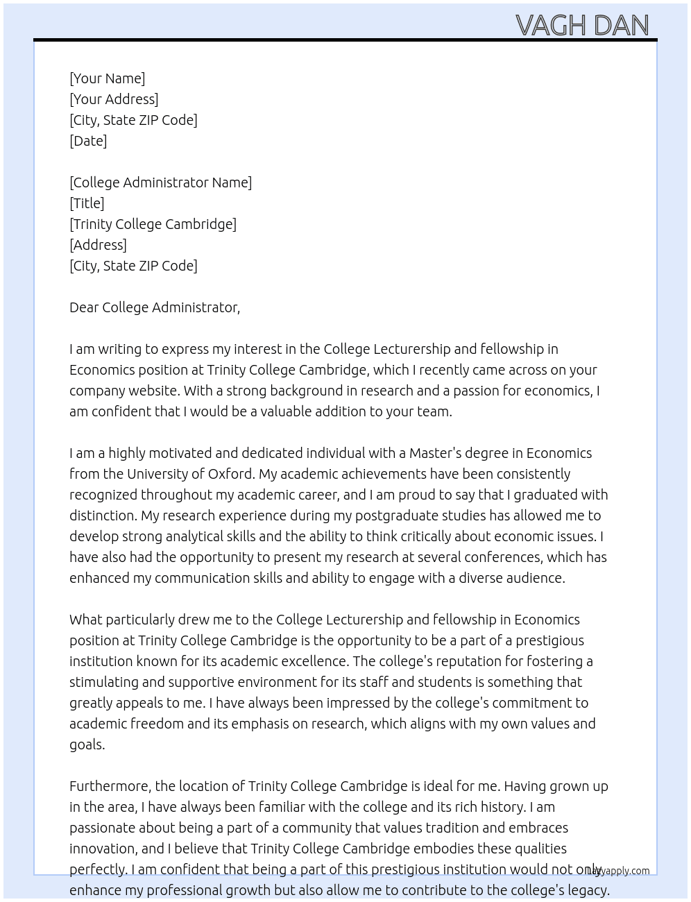 College Lecturership and fellowship in Economics  At TRINITY COLLEGE CAMBRIDGE  Cover Letter