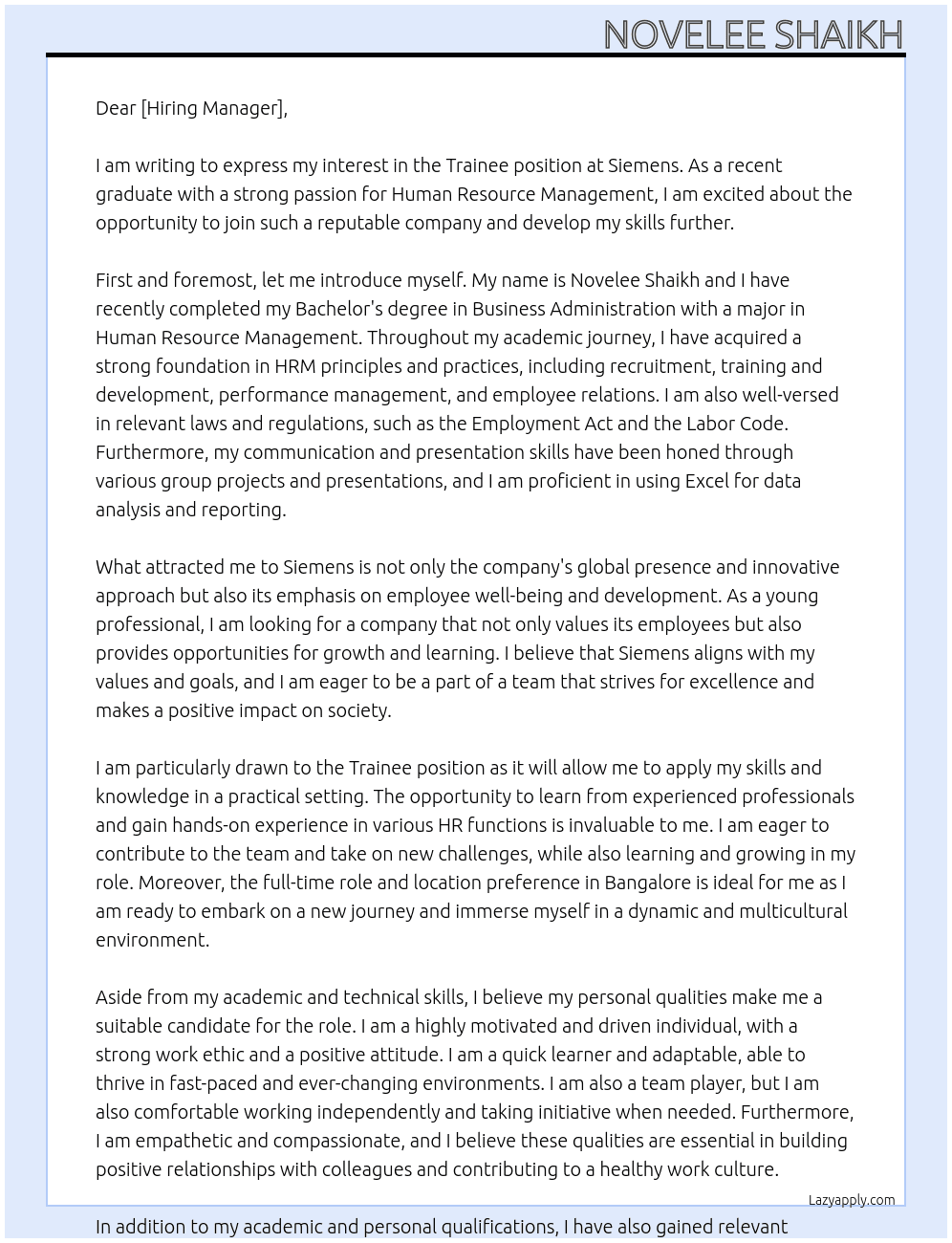 trainee At siemens Cover Letter