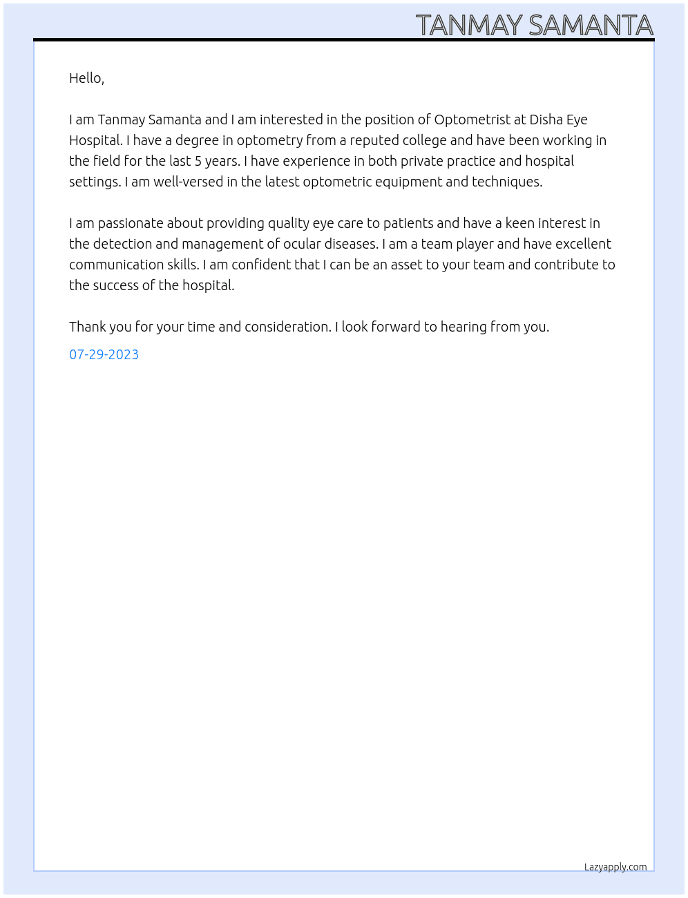 Optometrist At Disha Eye Hospital  Cover Letter