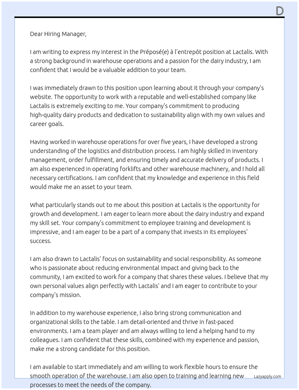 Préposé(e) à l'entrepôt At Lactalis Cover Letter