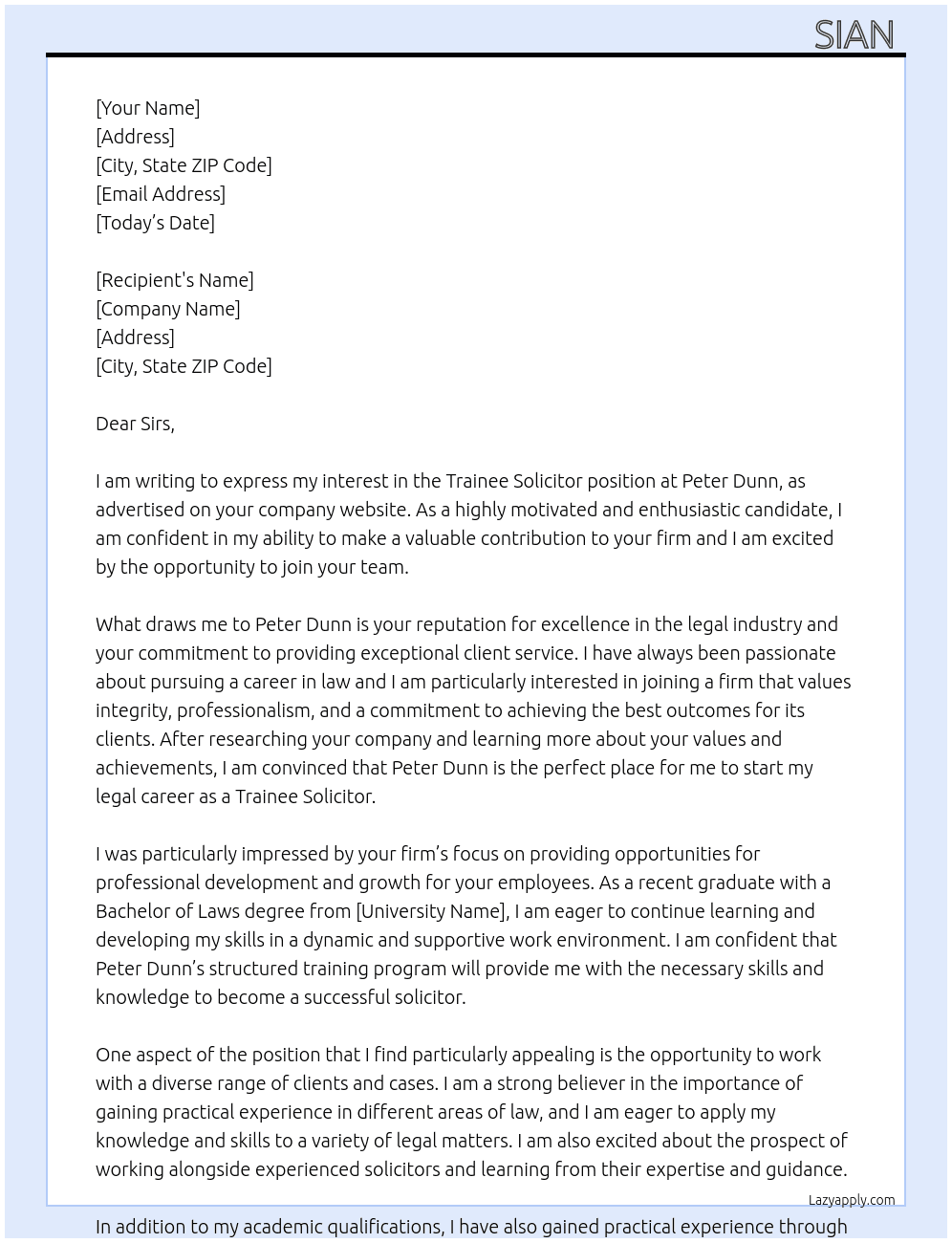 Trainee Solicitor  At Peter Dunn Cover Letter