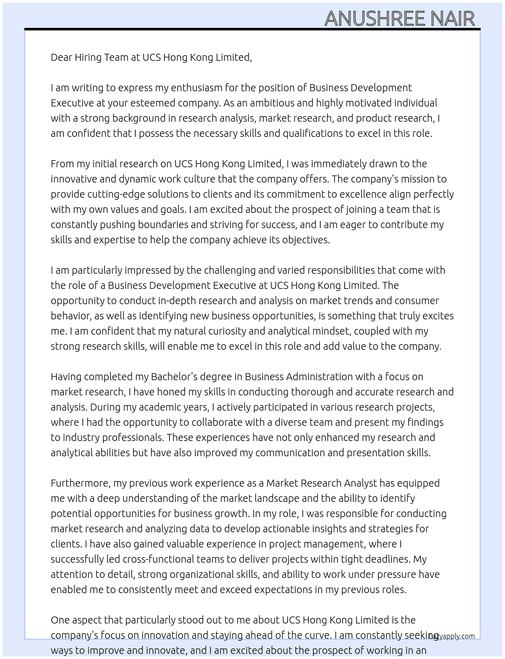 business development executive At UCS Hong Kong Limited Cover Letter