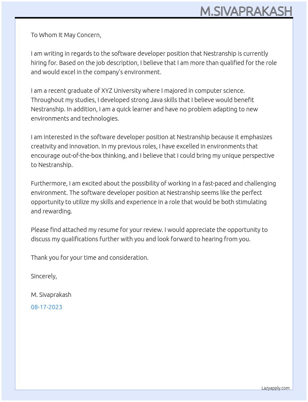 Software developer  At Nestranship Cover Letter