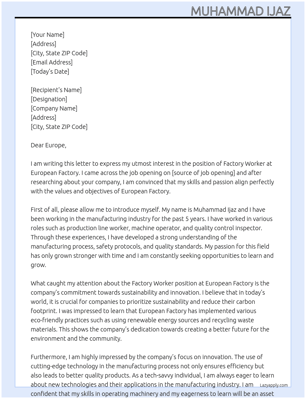 Factory worker  At European factory  Cover Letter
