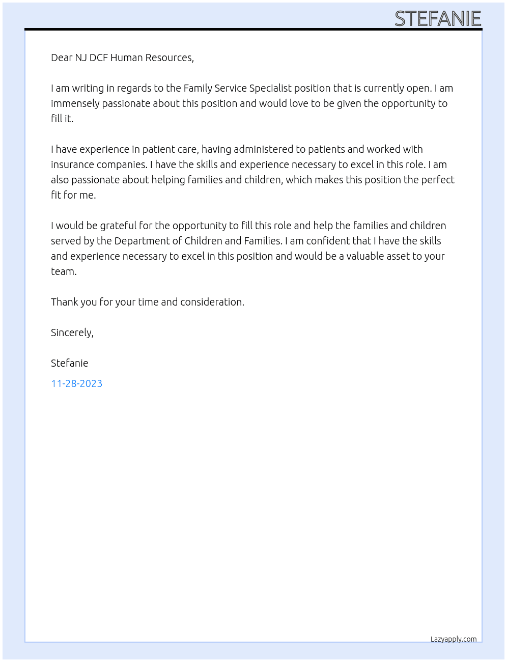 Family Service Specialist  At Department Of Children And Families  Cover Letter