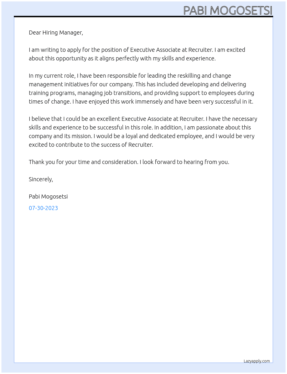 Executive Associate  At Recruiter  Cover Letter