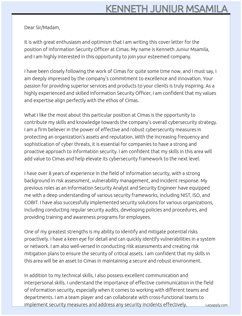 Information Security Officer  At Cimas Cover Letter