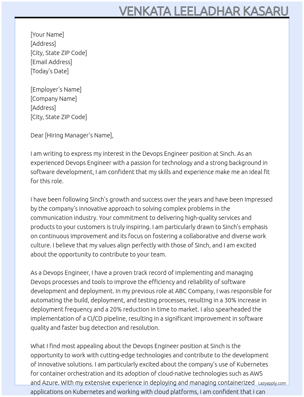 Devops Engineer At Sinch Cover Letter