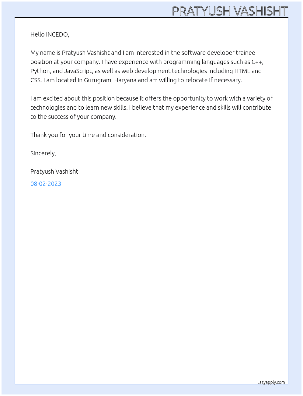 software developer trainee At INCEDO Cover Letter