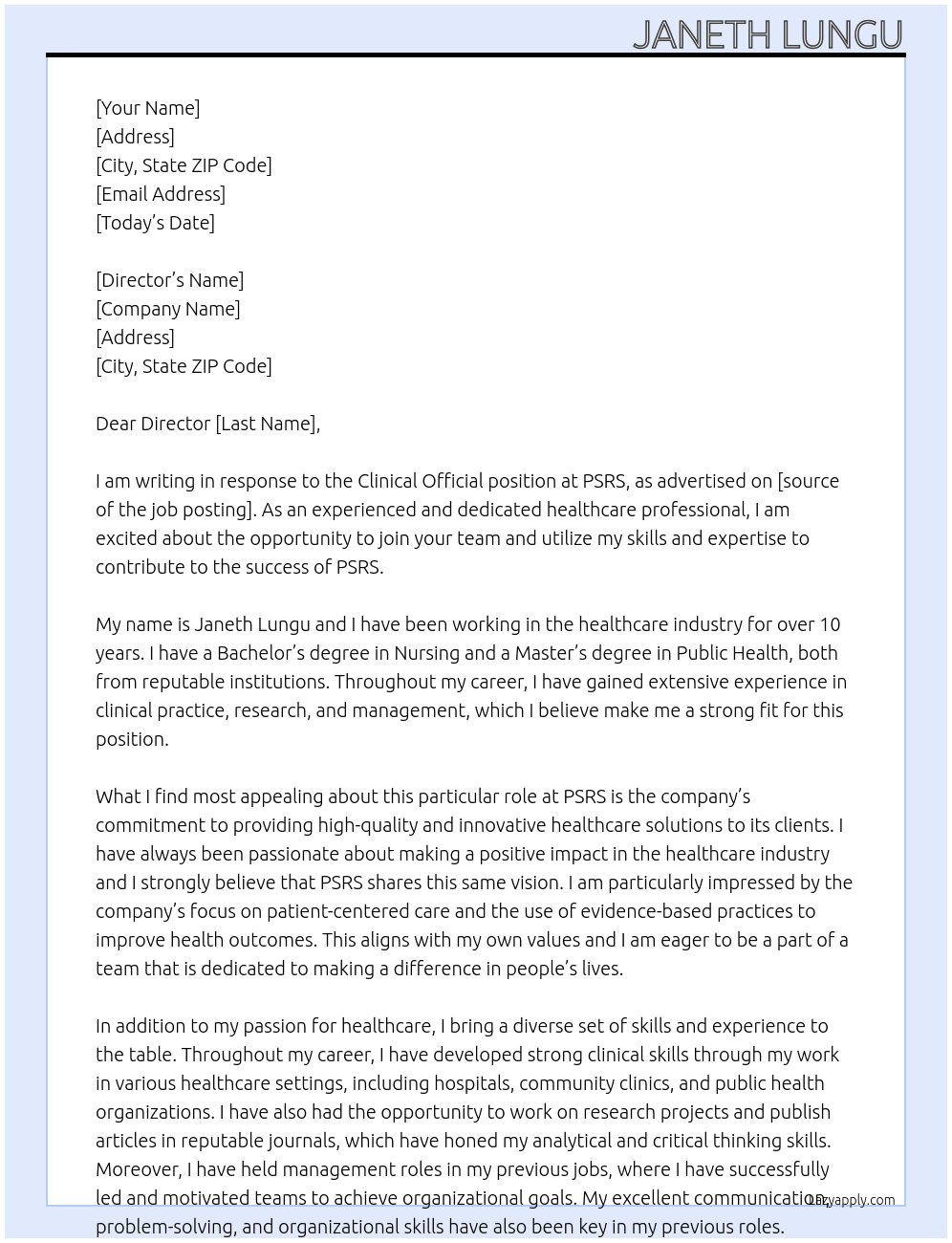 Clinical official  At PSRS  Cover Letter