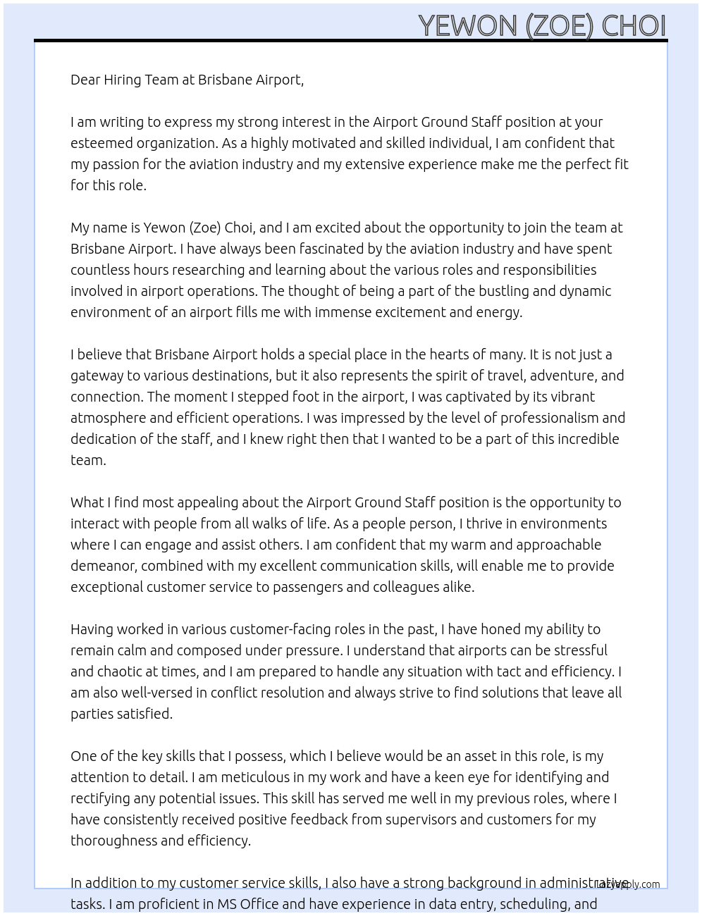 airport ground staff At Brisbane Airport  Cover Letter