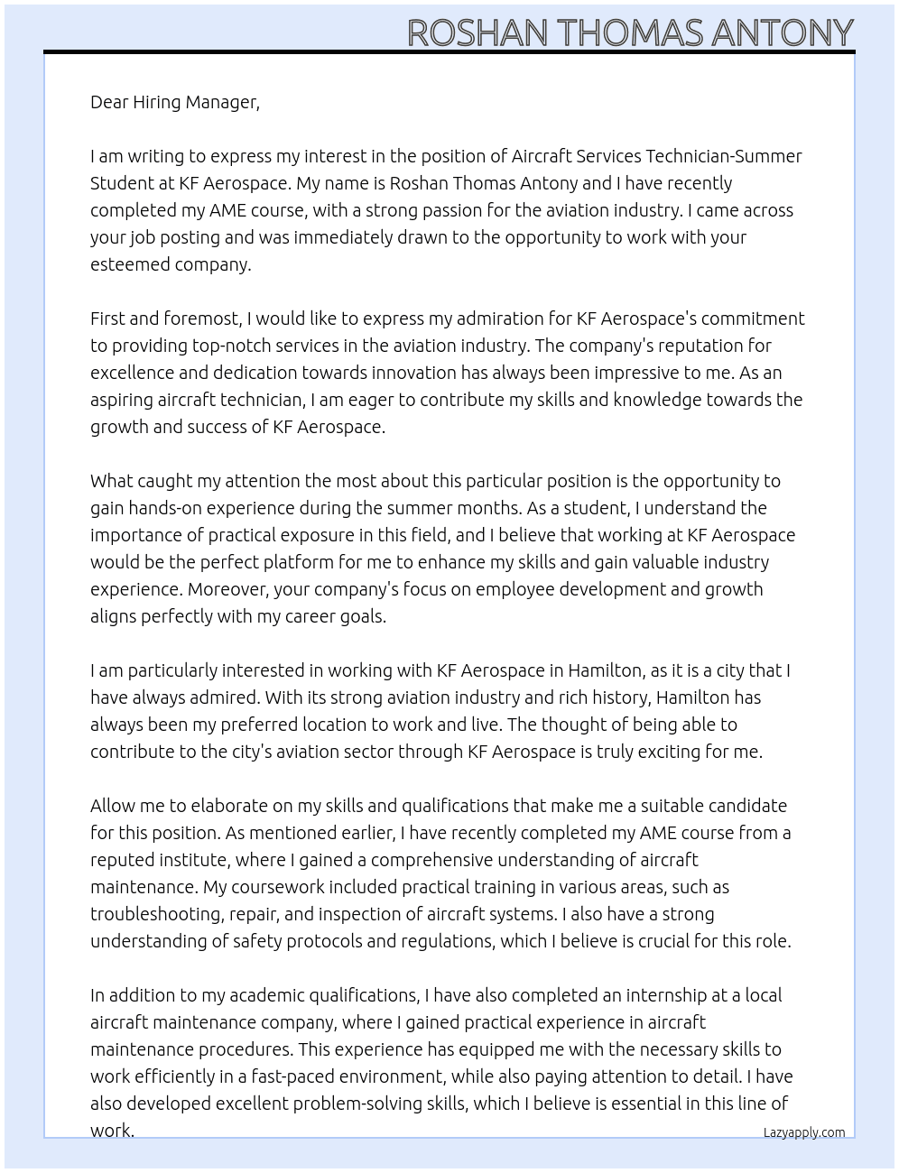Aircraft Services Technician-Summer Student At KF Aerospace Cover Letter