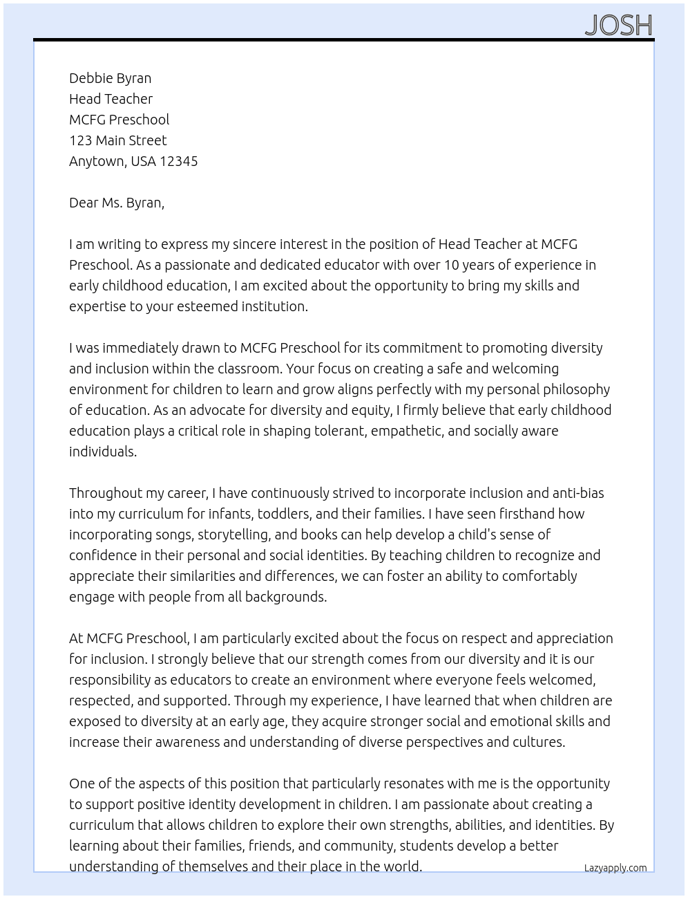 Head Teacher At MCFG Cover Letter