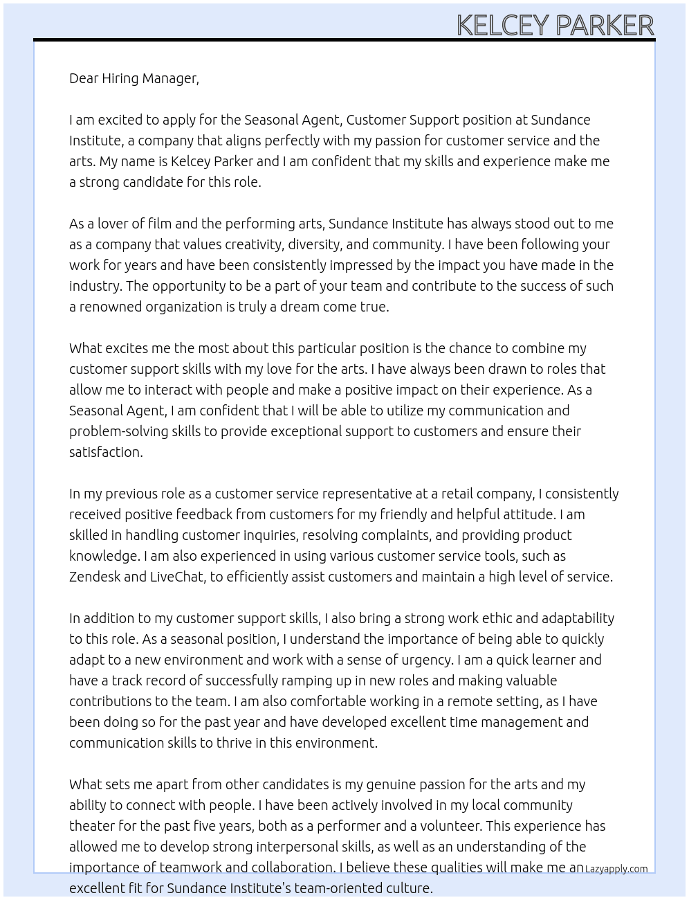 Seasonal Agent, Customer Support At Sundance Institute Cover Letter