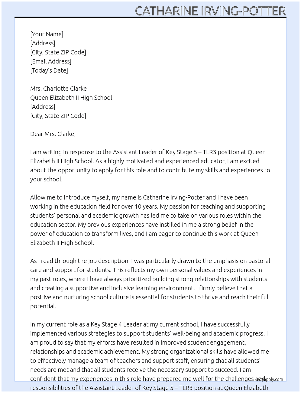 Assistant Leader of Key Stage 5 - TLR3 At Queen Elizabeth II High School Cover Letter