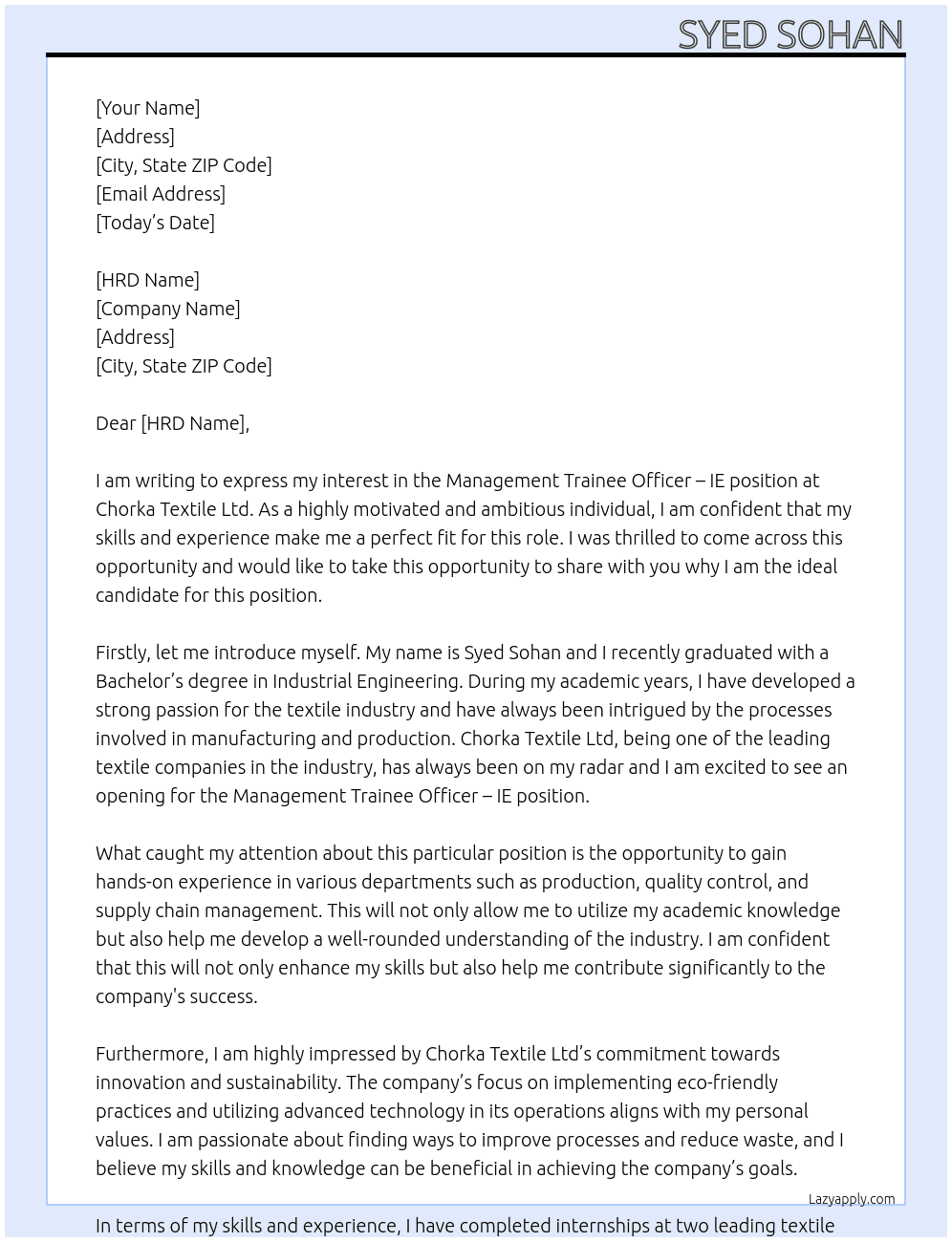 Management Trainee Officer - IE At Chorka Textile Ltd Cover Letter