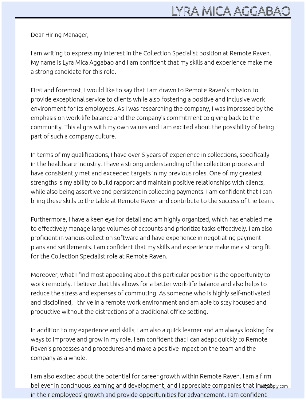 Collection Specialist At Remote Raven Cover Letter
