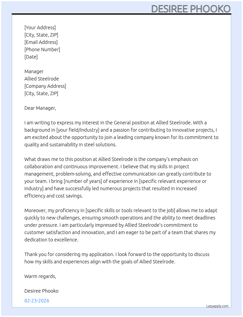 Cover letter for general - LazyApply