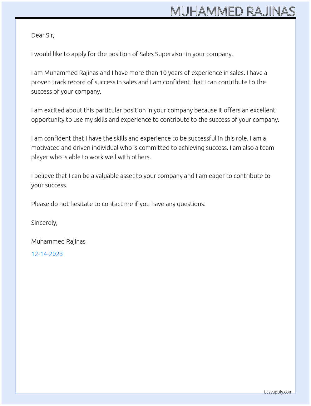 Sales Supervisor At Company Cover Letter