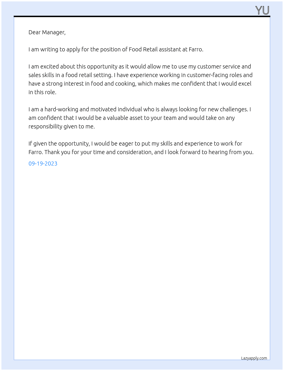 Food Retail assistant At Farro Cover Letter
