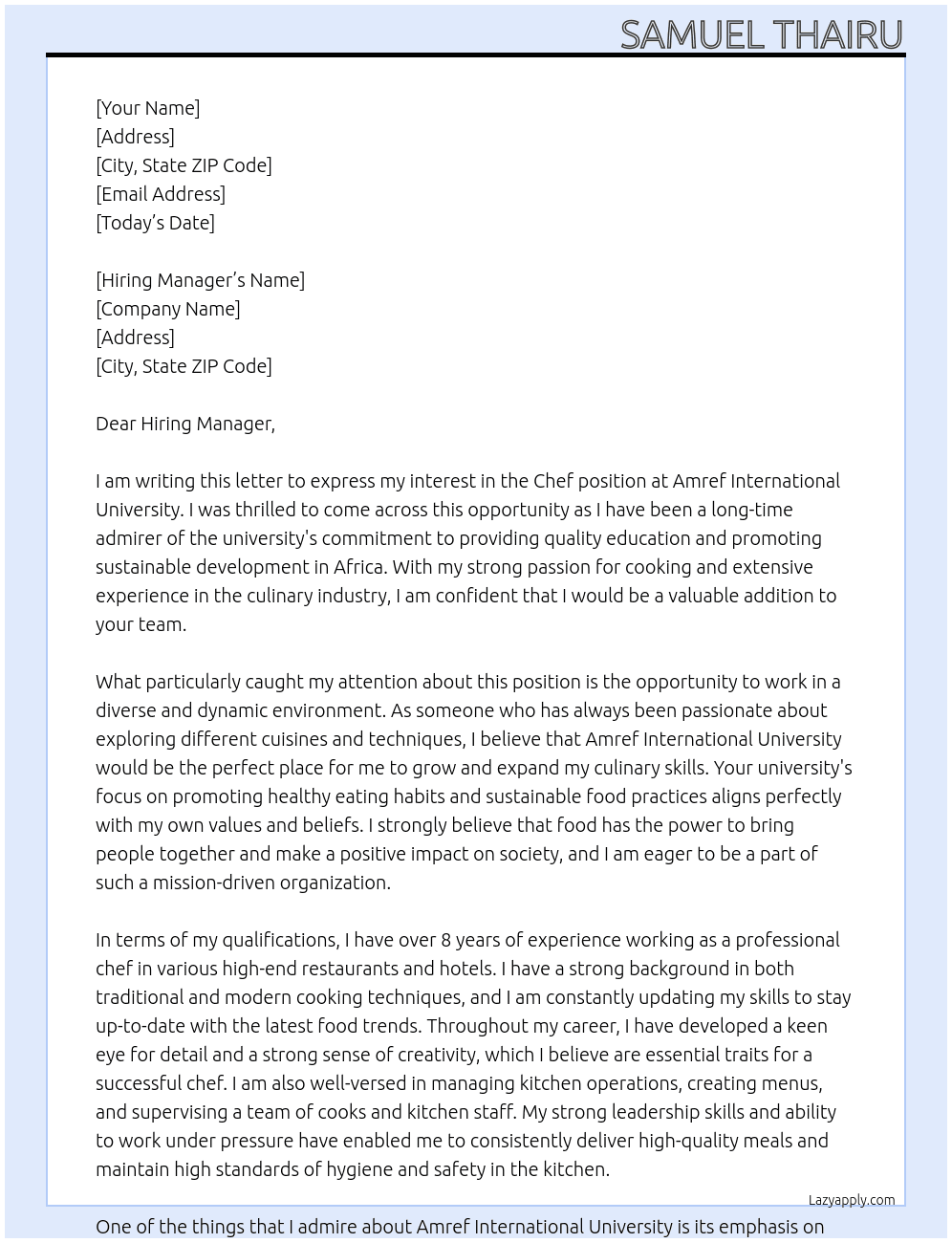 Chef  At Amref International Univeristy Cover Letter