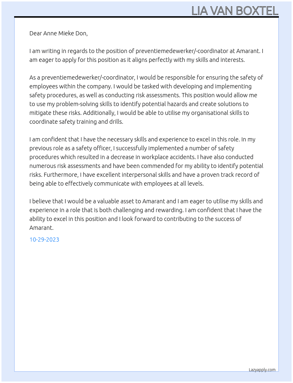 Preventiemedewerker/-coordinator At Amarant Cover Letter