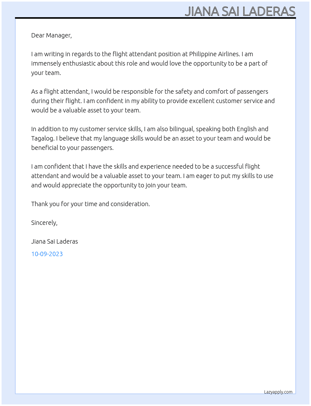 Flight attendant  At Philippine Airlines Cover Letter