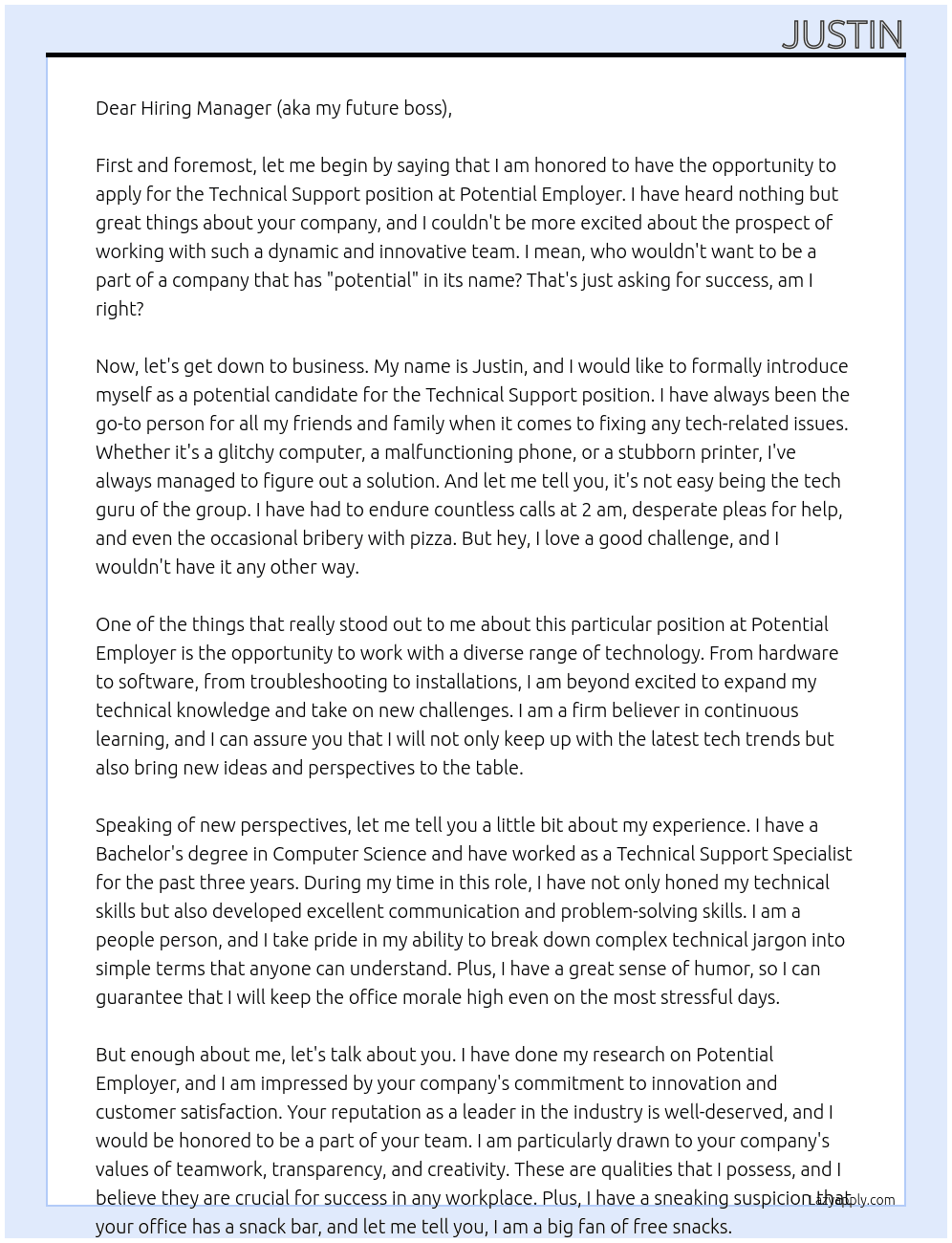 Technical Support At Potential Employer Cover Letter